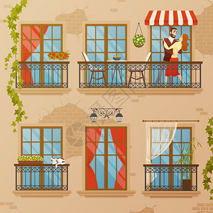 古典地产LOGO经典的窗户阳台成古典建筑阳台平形象的联排别墅墙壁与砖块,窗户装饰装订矢量插图插画