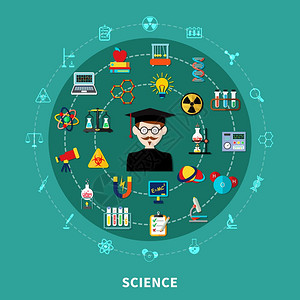 圆形科学图自然科学教育的圆形图,蓝色背景,平矢量插图图片