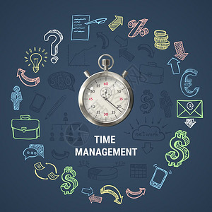 时间管理轮成时间管理圆形构图与3D秒表,手绘商业图标纹理暗背景矢量插图图片