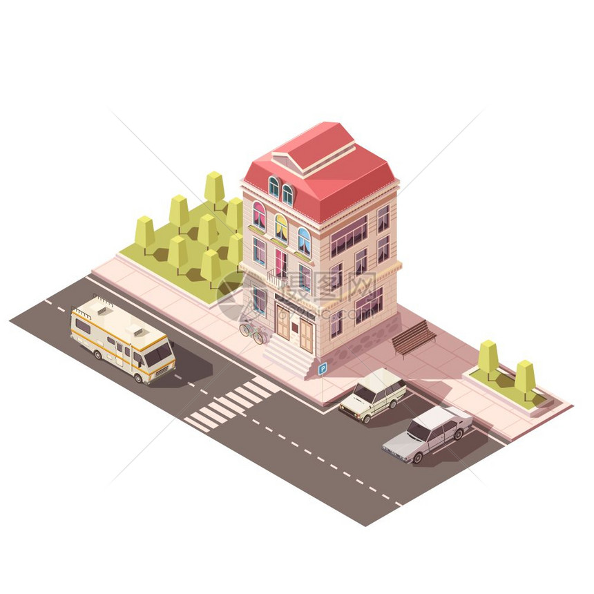 住宅等距模型住宅拱形窗户,门廊梯子,红色屋顶,停车,道路基础设施等距模拟矢量插图图片