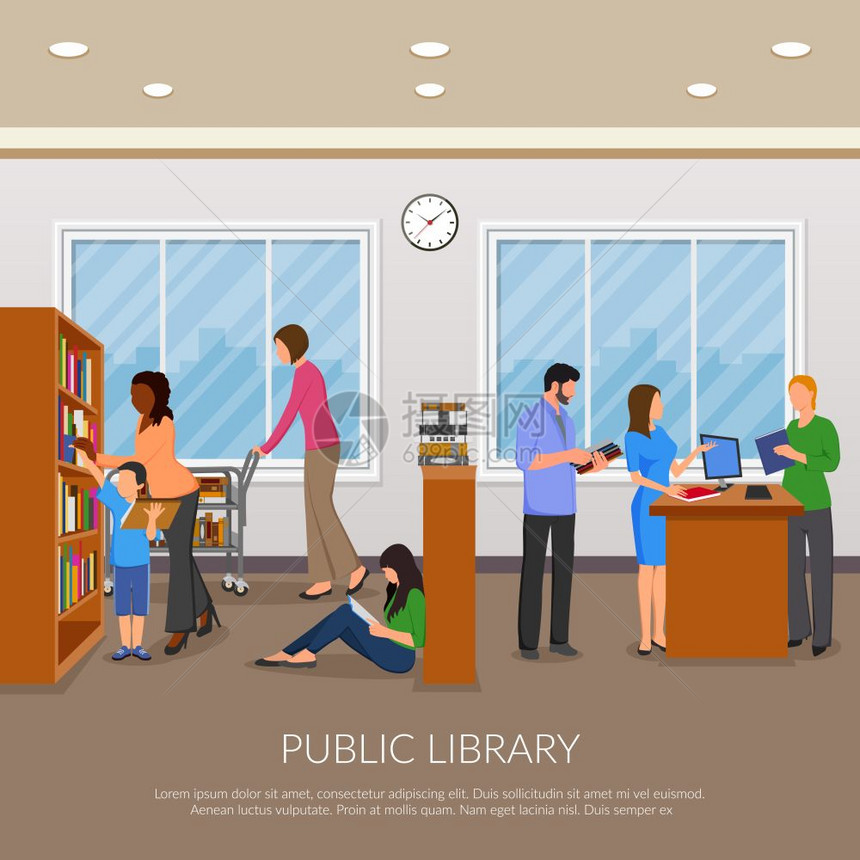 ipublic库lustration公共图书馆的成与图书书架人平矢量插图图片
