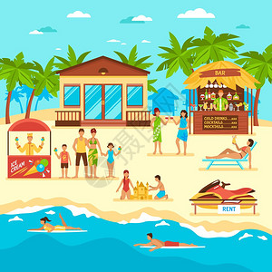 海滩平风格插图海滩与人酒吧与冰淇淋租金的水摩托车平风格矢量插图图片