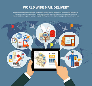 邮政服务线邮政服务线与云图标周围的移动设备手世界矢量插图图片