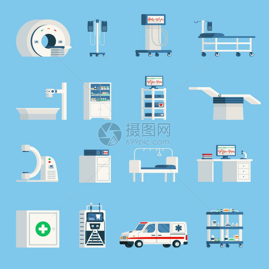 医院设备正交平图标医院设备正交平图标套高科技设备,用于手术检查病人矢量插图图片