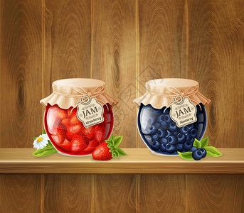好吃蓝莓木架上果酱的罐子罐子与草莓蓝莓果酱装饰花架子上的木制木板背景三维矢量插图插画