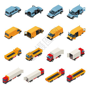 货运车辆收集卡车等距集的孤立货物运输图像的车辆与打开的车门的负荷箱矢量插图插画