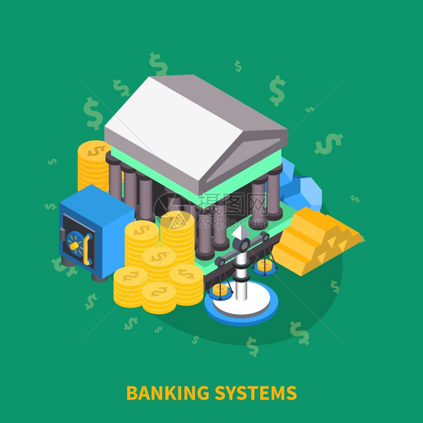 银行系统等距圆形成银行系统金融等距图标圆形成与银行保险箱银行秤硬币黄金矢量插图图片