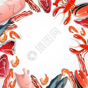 肉类海鲜的装饰框架装饰框架肉类海鲜,包括家禽牛肉,培根,鱼类甲壳动物白色背景矢量插图背景图片