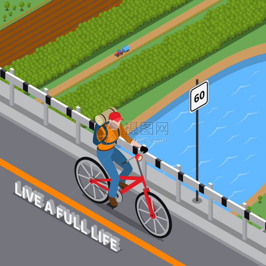 自行车等距插图上的残疾人残疾人受伤的手臂背包自行车上过桥过河等距矢量插图图片