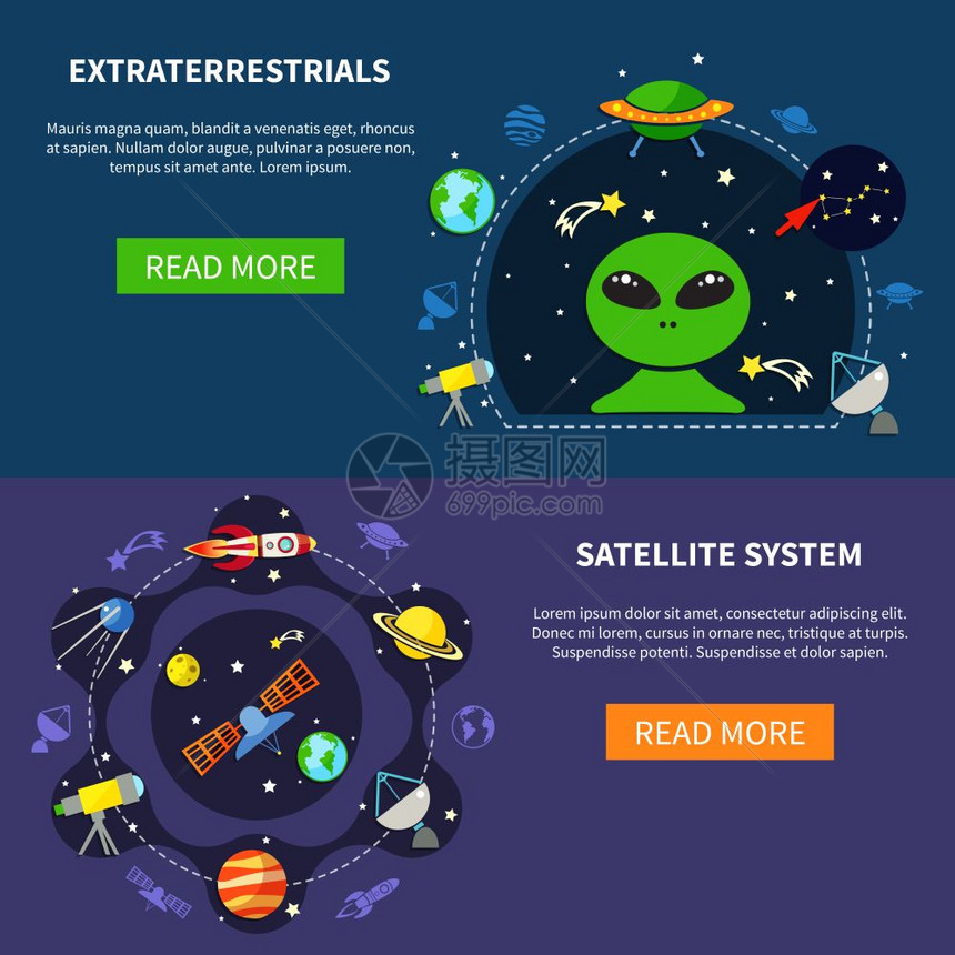 卫星系统横幅卫星系统水平横幅与外星符号平孤立矢量插图图片