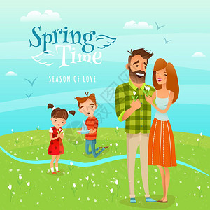 家庭季节春季插图幸福的家庭沿着盛开的田野走着,聚集着雪花的卡通矢量插图图片