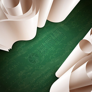 三维纸卷背景三维白纸滚动绿色背景与笔记公式现实矢量插图背景图片