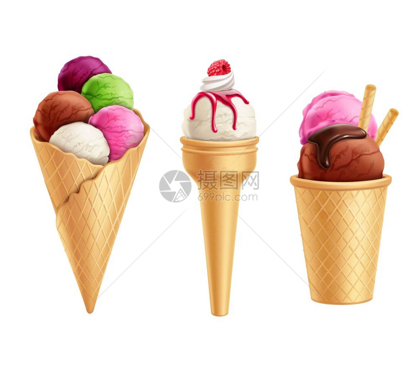 逼真的冰淇淋套装套逼真的彩色冰淇淋华夫饼锥与浆果巧克力糖浆分离矢量插图图片