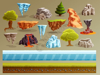 火山石头游戏景观构造函数集游戏卡通元素与幻想景观,树木,石头,冰窖硫化大厦矢量插图插画