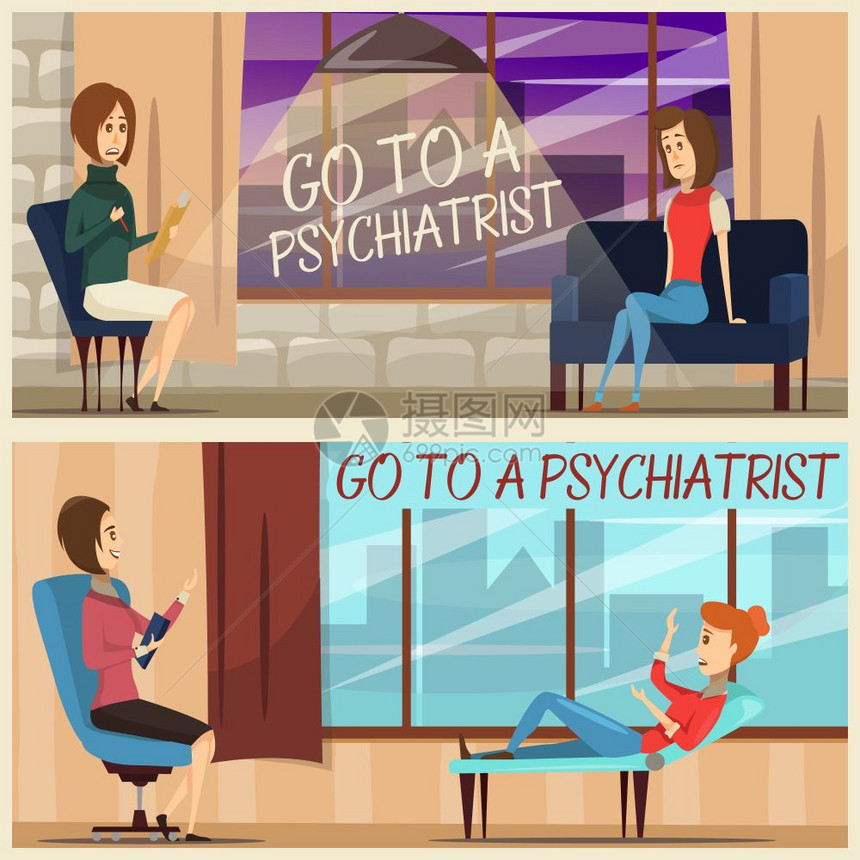 参观心理医生平横幅水平平横幅与访问精神病学家,包括专家女孩病人沙发上矢量插图图片