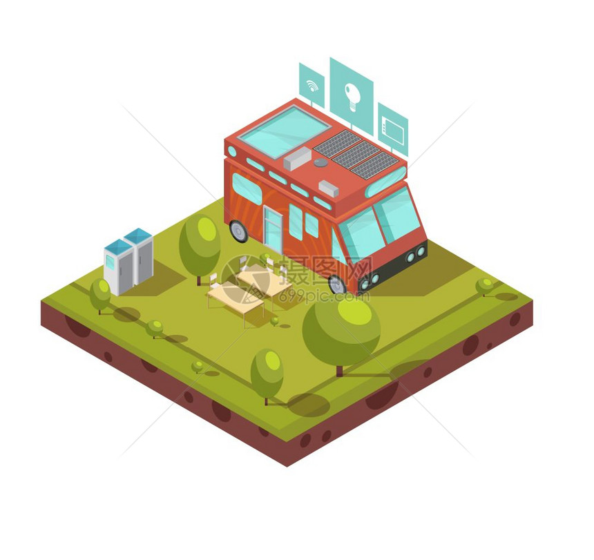 移动家庭等距成移动家庭等距成,包括包车与wifi太阳能电池营地技术图标矢量插图图片