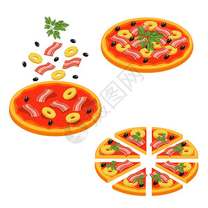 披萨制作比萨饼切片等距图标彩色比萨饼切片等距图标与阶段比萨饼制作步矢量插图插画
