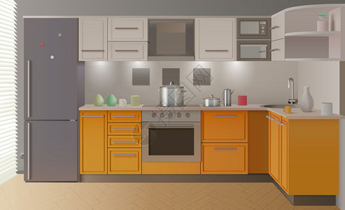 橙色现代厨房内部橙色现代厨房内部与家具时尚的创造展览样品矢量插图背景图片