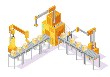 输送机系统等距插图黄色灰色输送系统与控制板,机器人手包装线等距矢量插图插画