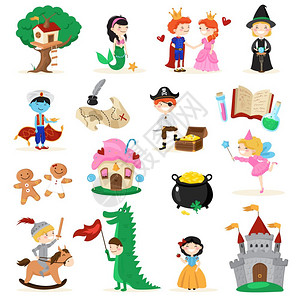 童话人物卡通集卡通风格的童话人物,包括树屋美人鱼姜饼人女巫矢量插图图片