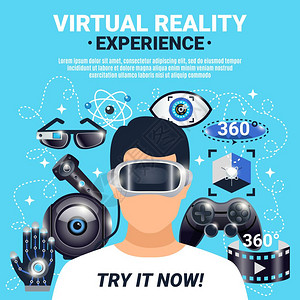 虚拟现实海报彩色虚拟现实可视化海报与尝试它现体验描述矢量插图图片