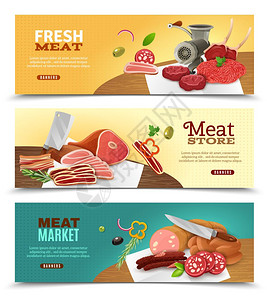 肉类市场水平横幅肉类市场水平卡通横幅与商店符号孤立矢量插图图片
