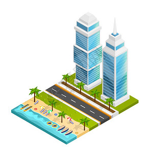 城市海滩的城市海滩等距与摩天大楼道路海洋矢量插图图片