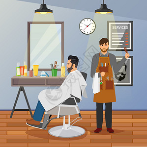 沙龙交流会理发店平理发店平与理发师与工作工具客户椅子附近的镜子矢量插图插画