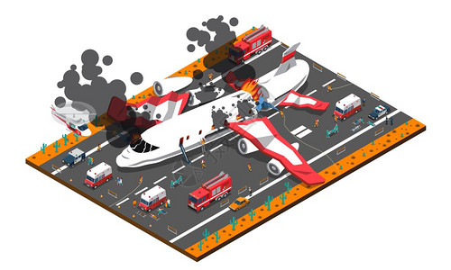 飞机坠毁等距成等距成与飞机坠毁道路救援服务,包括救护车消防队矢量插图图片