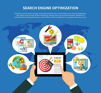 SEO服务全球搜索引擎优化与手平板电脑包围思想气泡成的网页图标矢量插图市场营销高清图片素材