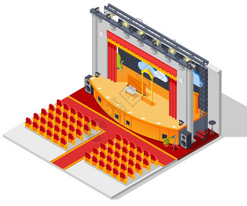 符号舞台剧院内部剧院内部等距与座椅舞台窗帘矢量插图插画