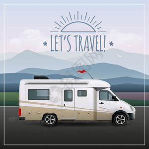 让们旅行海报吧让们的旅行海报与娱乐活动现实车辆RV露营骑道路矢量插图图片