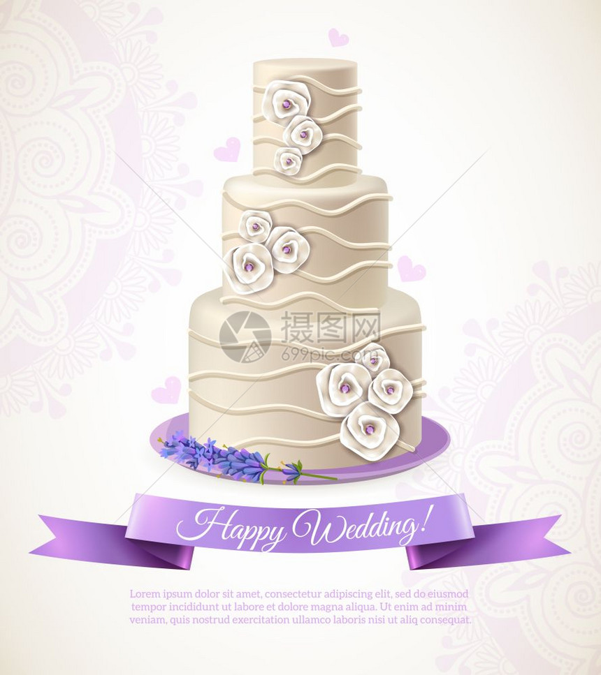 婚礼蛋糕插图婚礼白蛋糕与装饰愿望丝带卡通矢量插图图片