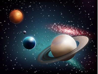 行星设定现实的构图行星现实的构图与土星前景地球与火星背矢量插图图片