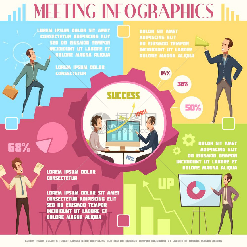 商务会议信息图表集商务会议信息图集与工作成功符号卡通矢量插图图片