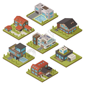 等距房屋图标彩色等距房屋图标与块景观同类型的房屋矢量插图图片