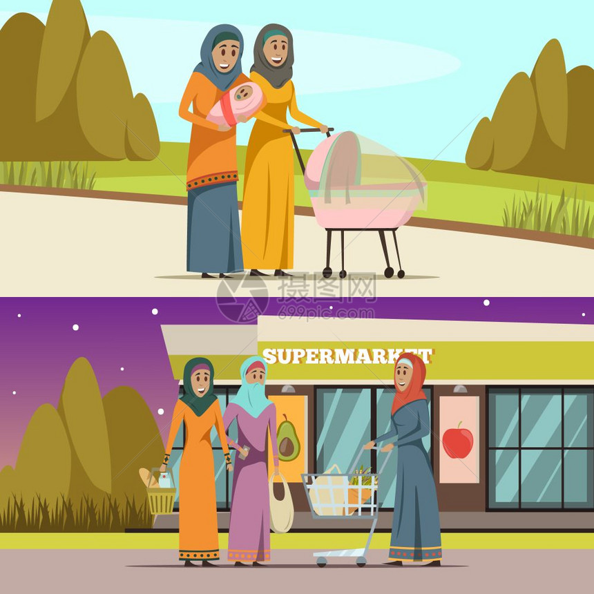 阿拉伯妇女横幅阿拉伯妇女水平横幅购物步行符号平孤立矢量插图图片