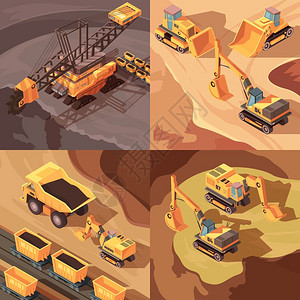 矿井采石矿山理念利用机械设备切割风景矢量插图中进行露天开采的方形合物插画