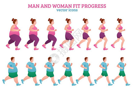 健身阶段的成彩色健身阶段构图与男女配合进度描述孤立图标集矢量插图背景图片