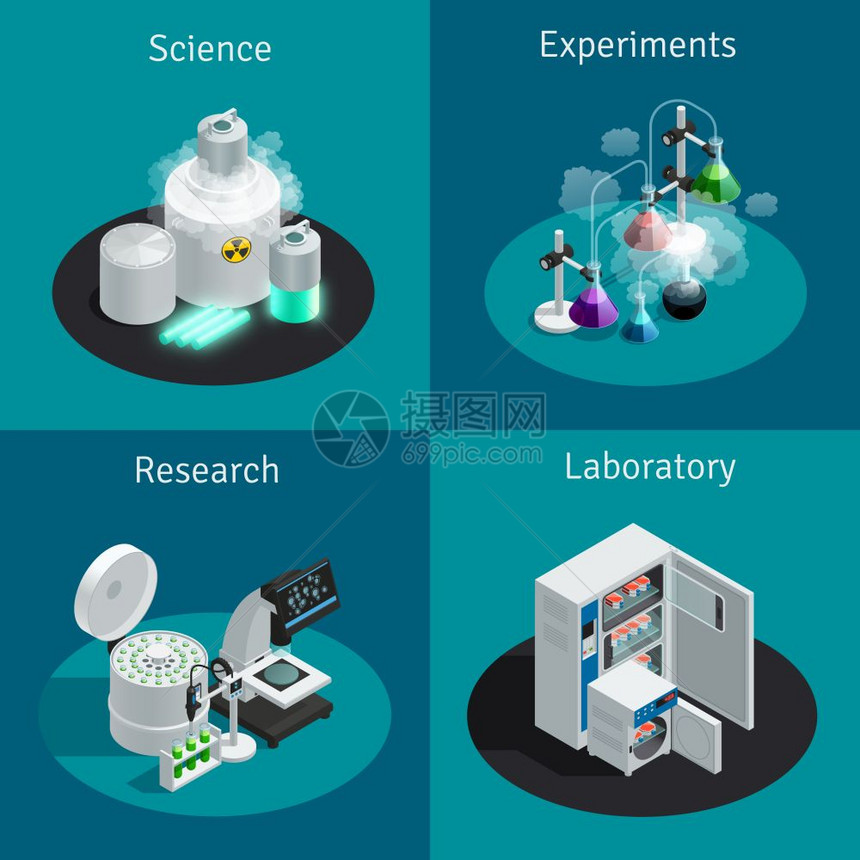 科学实验室2x2等距科学实验室2x2等距与物质的实验设备的研究矢量插图图片