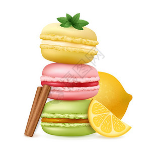 詹姆斯麦卡沃伊美味的拉塔菲蛋糕成马卡龙成,三个杏仁蛋糕彼此顶部与肉桂棒柠檬片矢量插图插画