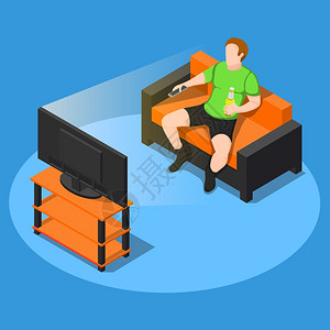 男沙发看些电视作文久坐动的生活方式等距成的露的男格与瓶啤酒沙发上看电视矢量插图插画