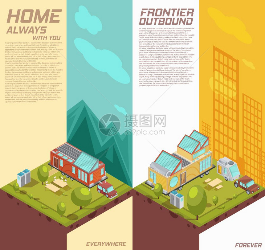 移动房屋垂直等距横幅垂直等距横幅与移动房屋广告背景与山脉,城市建筑孤立矢量插图图片