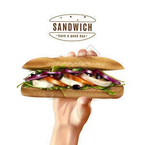 手举广告健康三明治手现实形象手健康的多粒三明治与意大利生菜番茄洋葱现实广告白色背景海报矢量插图插画