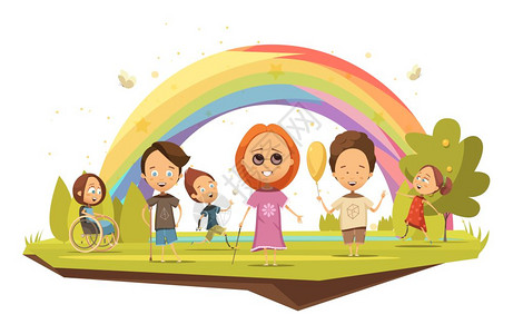残疾儿童卡通风格插图残疾儿童轮椅上用拐杖假肢彩虹背景卡通风格矢量插图背景图片