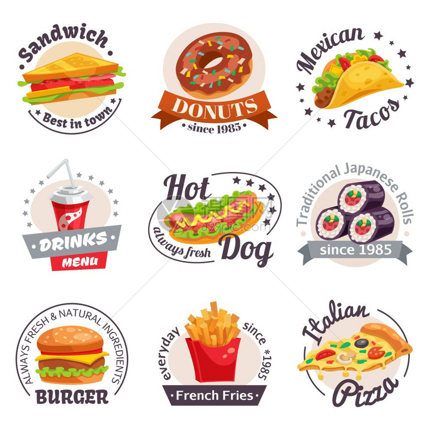 快餐标签快餐标签与汉堡热狗日本卷饮料元素孤立矢量插图图片