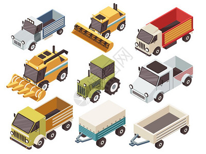 农场车辆等距农用车辆等距与各种类型的卡车收割机拖拉机拖车隔离矢量插图图片
