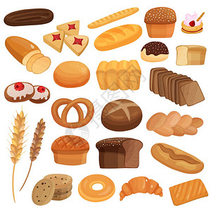 烘焙产品套装套烘焙产品,包括小麦黑麦包,穗,釉包,饼干,百吉饼孤立矢量插图图片