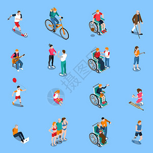 残疾人等距装置残疾人等距与成人儿童同的活动,包括体育音乐孤立矢量插图图片