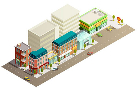 白色街道等距存储建筑白色背景矢量插图上,街道上许多层高的城市商店建筑,很少汽车等距插画